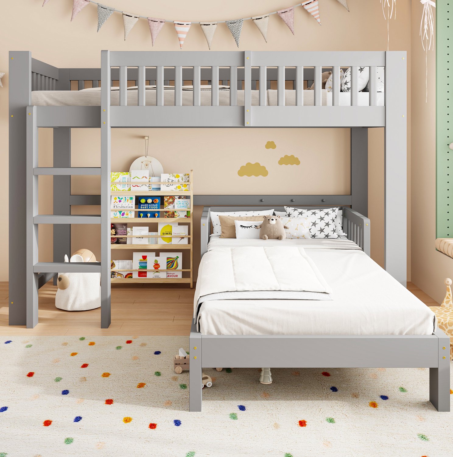 Wishdor Kinderhoogslaper 90x200 cm - Modulair bedset met eenpersoonsbed - Uitvalbeveiliging en lattenbodems - Moderne stijl - Kinderkamer logeerkamer - Hout en MDF - Grijs