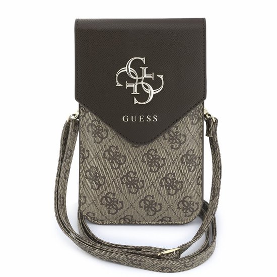 Bruine Guess telefoontas met 4G-logo print en donkerbruine flap voorzien van het Guess-logo.