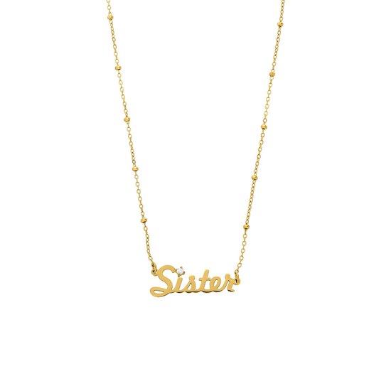 Goudkleurige ketting met bolletjesketting en een hanger met de tekst 'Sister' versierd met een kleine zirkonia.