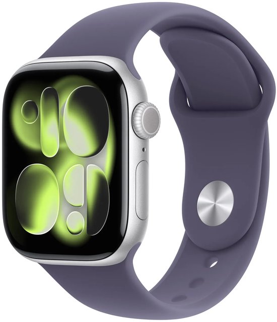 Zijaanzicht van een zilverkleurige Apple Watch met paarse sportband en groen abstract wijzerplaatontwerp.