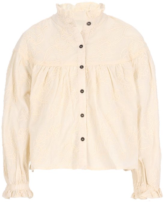 Ecrukleurige Like Flo blouse met bloemenborduursel, opstaande ruchekraag en knoopsluiting.