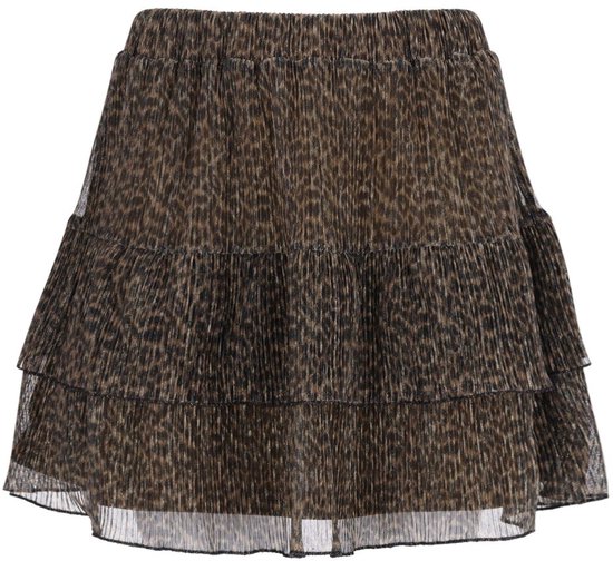 Korte, gelaagde rok met bruine luipaardprint, elastische tailleband en subtiele glittertextuur.