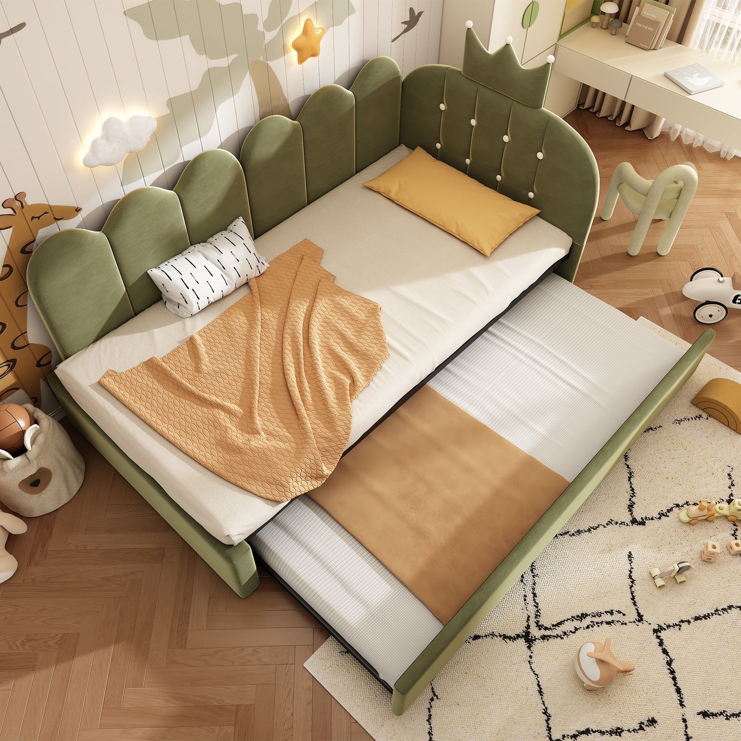 Vovtenza Fluwelen slaapbank van 90x200 cm met uitschuifbaar bed - uitbreidbaar tot een eenpersoonsbed van 90x190 cm - groene L-vorm. Leuk ontwerp met kroon en raster - ruimtebesparend - ideaal voor kinder- en logeerkamers - matras niet inbegrepen. Groente