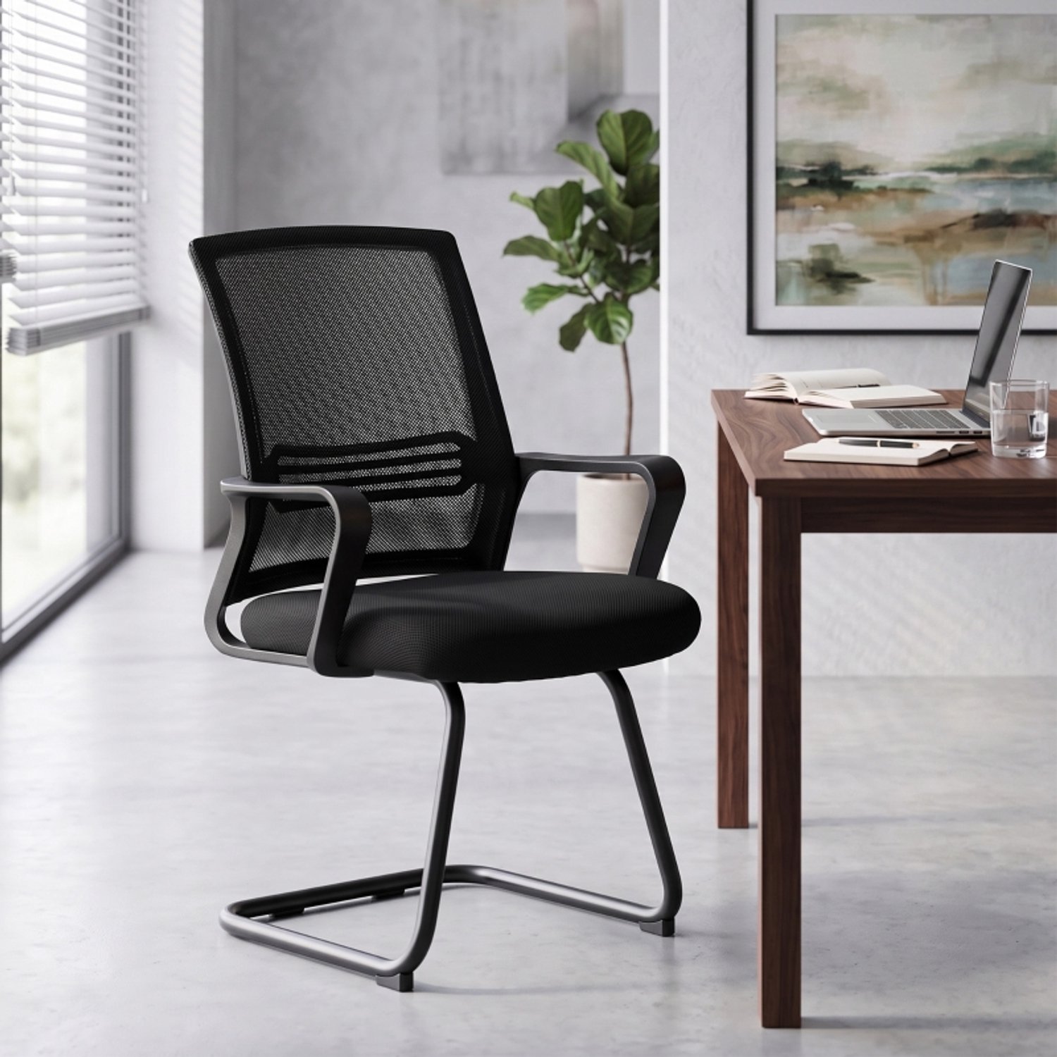 OKWISH Vergaderstoel 58,5 x 57,5 x 93 cm - Set van 2 met Armleuningen - Voor Wachtkamer en Ontvangst - Netstof en Metaal - Zwart