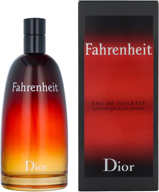 Dior Fahrenheit flacon en verpakking met rood-zwart verloop en witte tekst.