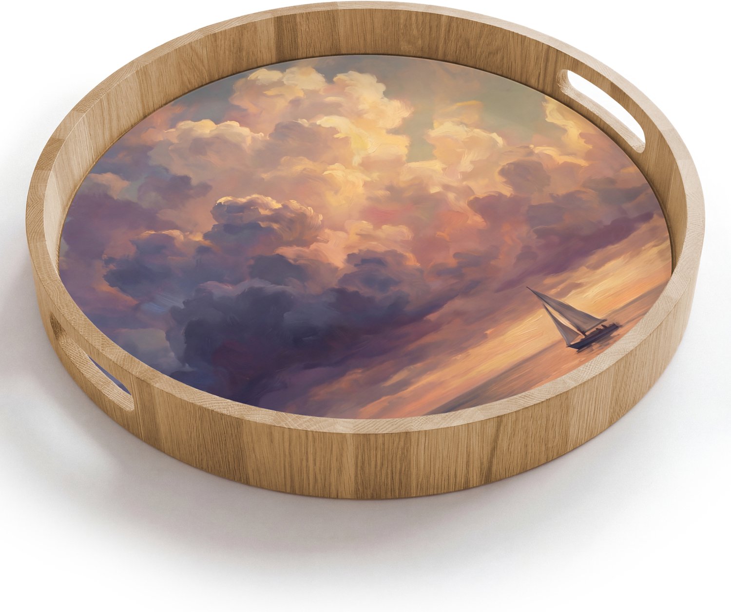 Dienblad rond 40x40 cm - Schootdienblad hout - Boot - Zonsondergang - Zee - Natuur - Goud - Borrelplank rechthoek - Plateau houten dienbladen