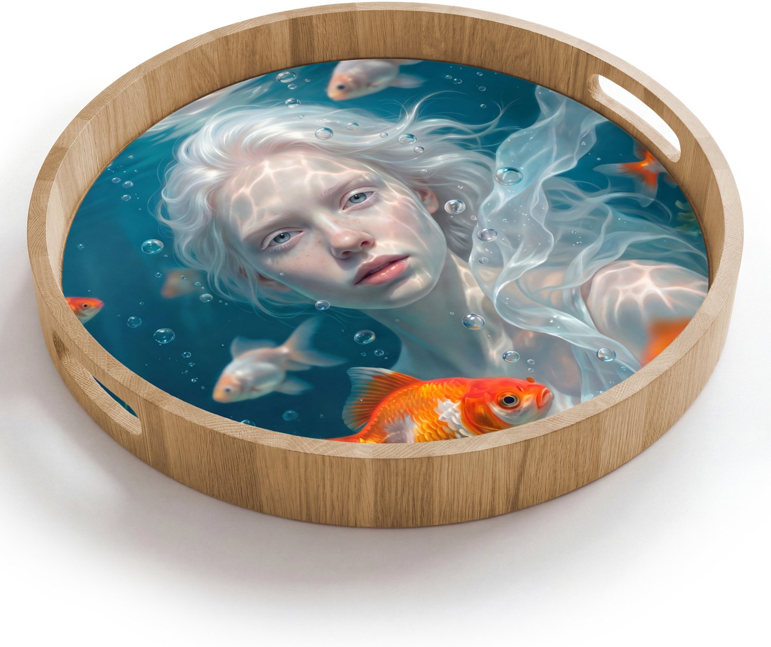 Dienblad rond 40x40 cm - Schootdienblad hout - Mens - Onderwater - Vis - Modern - Blauw - Borrelplank rechthoek - Plateau houten dienbladen