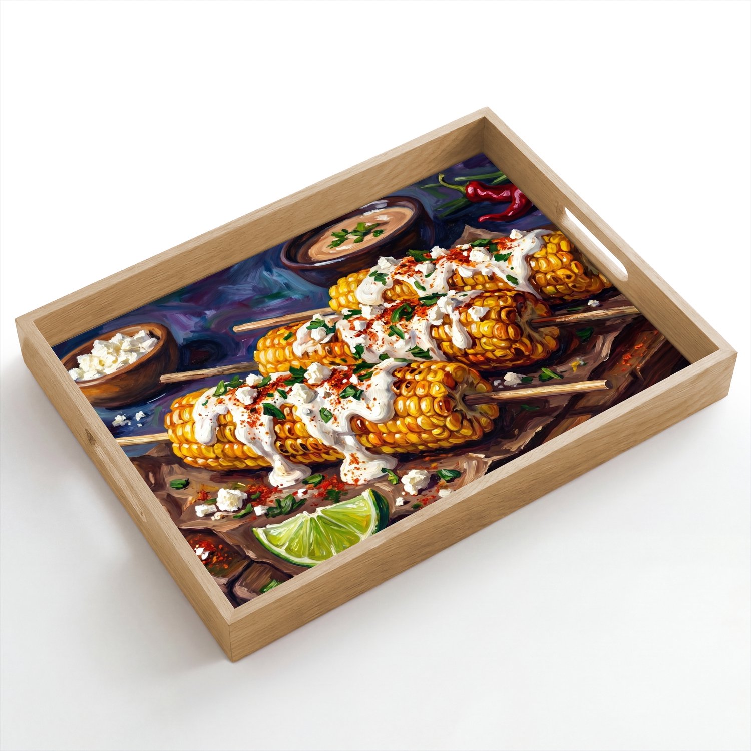 Dienblad hout 50x35 cm - Schootdienblad - Eten - Maïs - Saus - Geschilderd - Geel - Borrelplank rechthoek - Plateau dienbladen