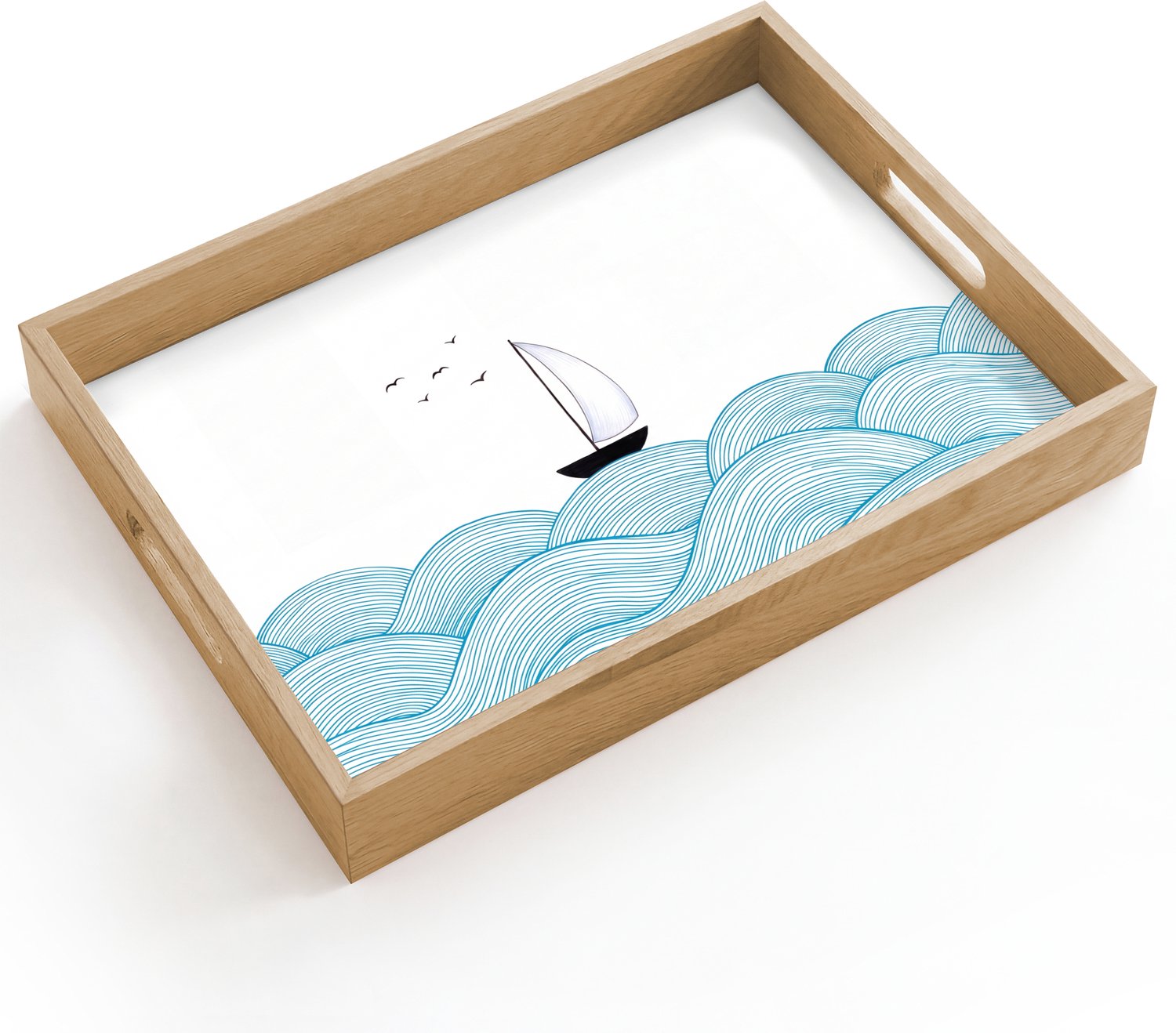 Dienblad hout 40x30 cm - Schootdienblad - Zeilboot - Golven - Zee - Illustratie - Blauw - Borrelplank rechthoek - Plateau dienbladen
