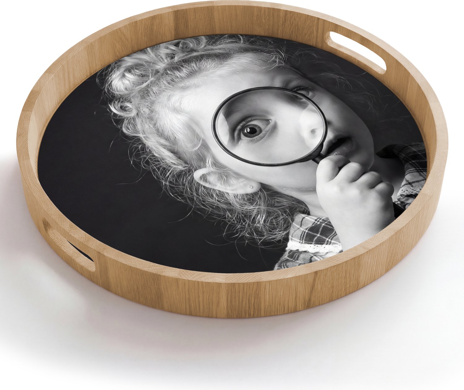 Dienblad rond 50x50 cm - Schootdienblad hout - Kind - Vergrootglas - Portret - Zwart-wit - Borrelplank rechthoek - Plateau houten dienbladen