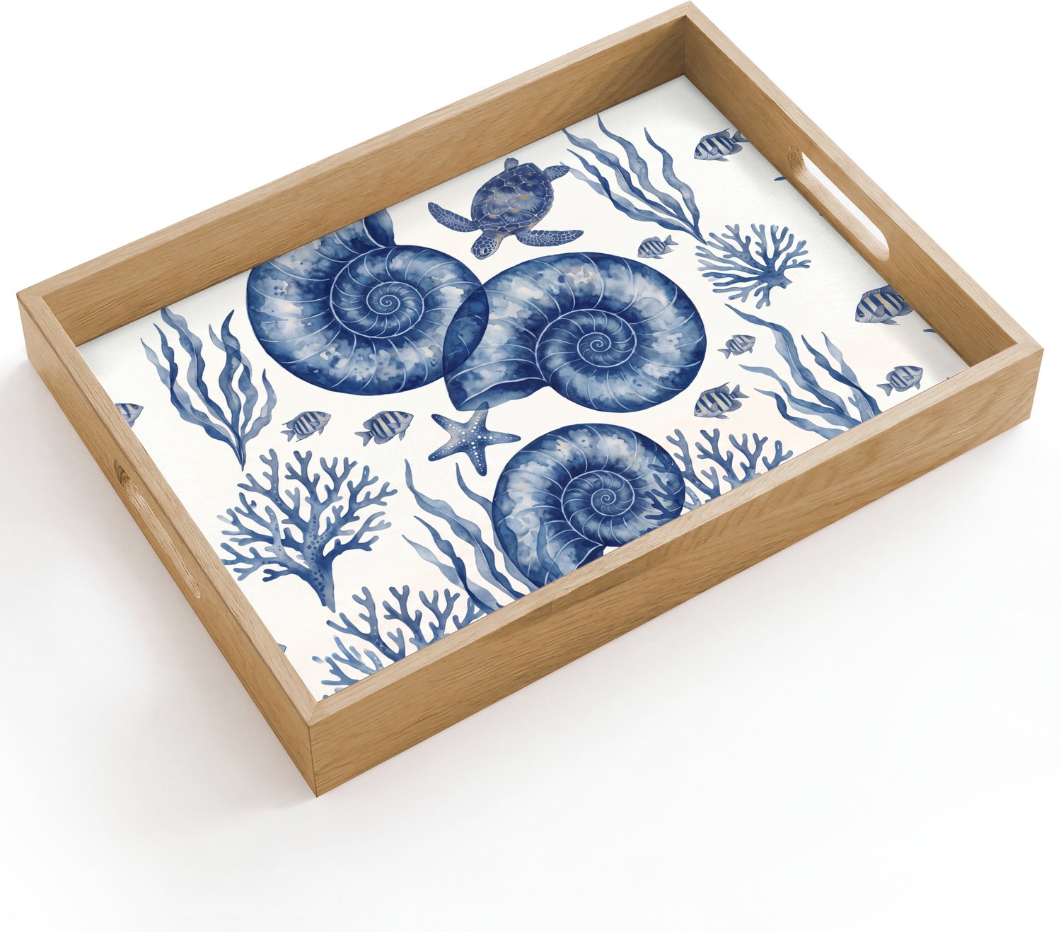 Dienblad hout 40x30 cm - Schootdienblad - Schelp - Spiraal - Zeeleven - Aquarel - Blauw - Borrelplank rechthoek - Plateau dienbladen