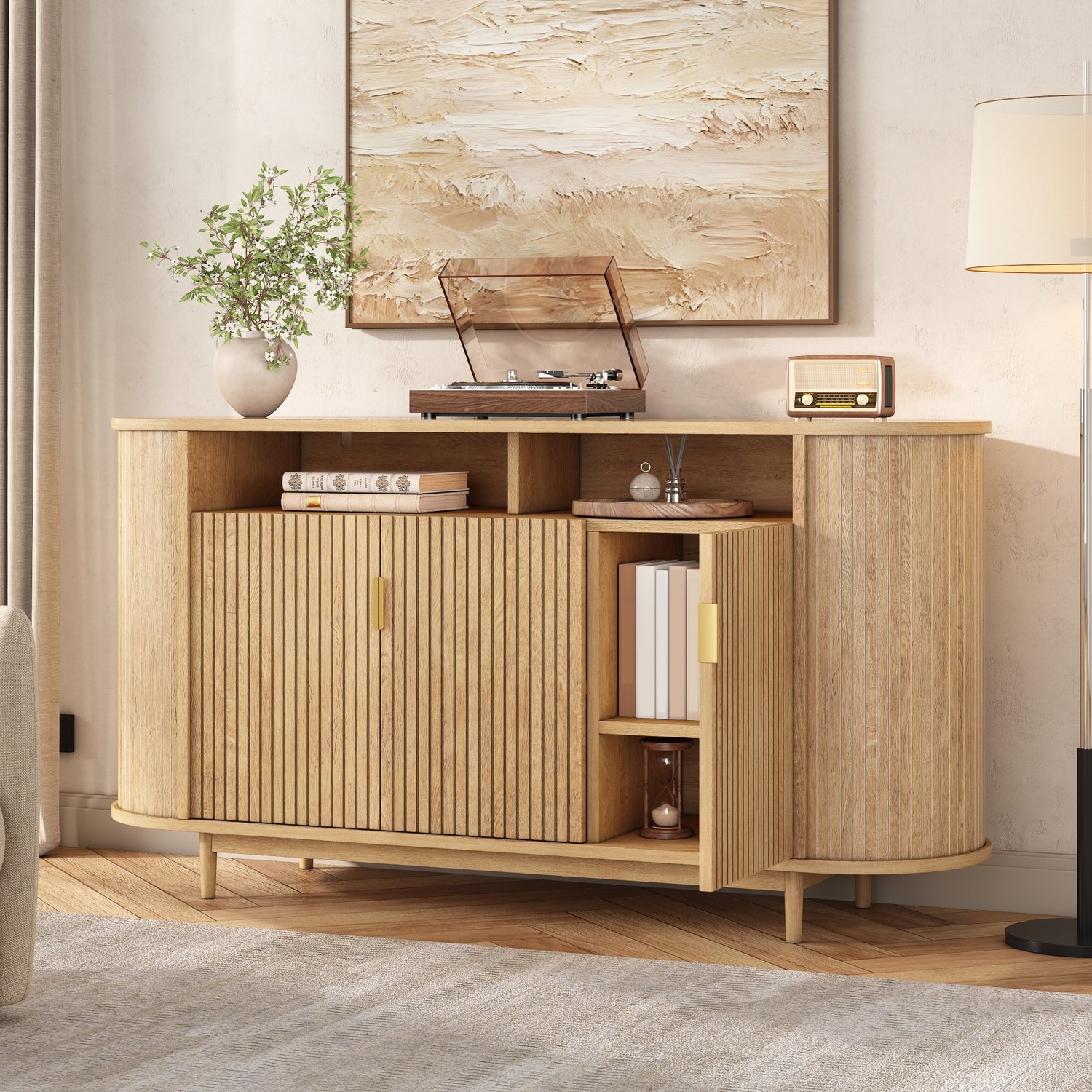 Wishdor Dressoir met 3 deuren - Verticale lijnstructuur - Gesloten opbergruimte en ruim blad - Modern ontwerp - Woonkamer eetkamer hal - MDF en grenen poten - Naturel - 140 x 40 x 78 cm