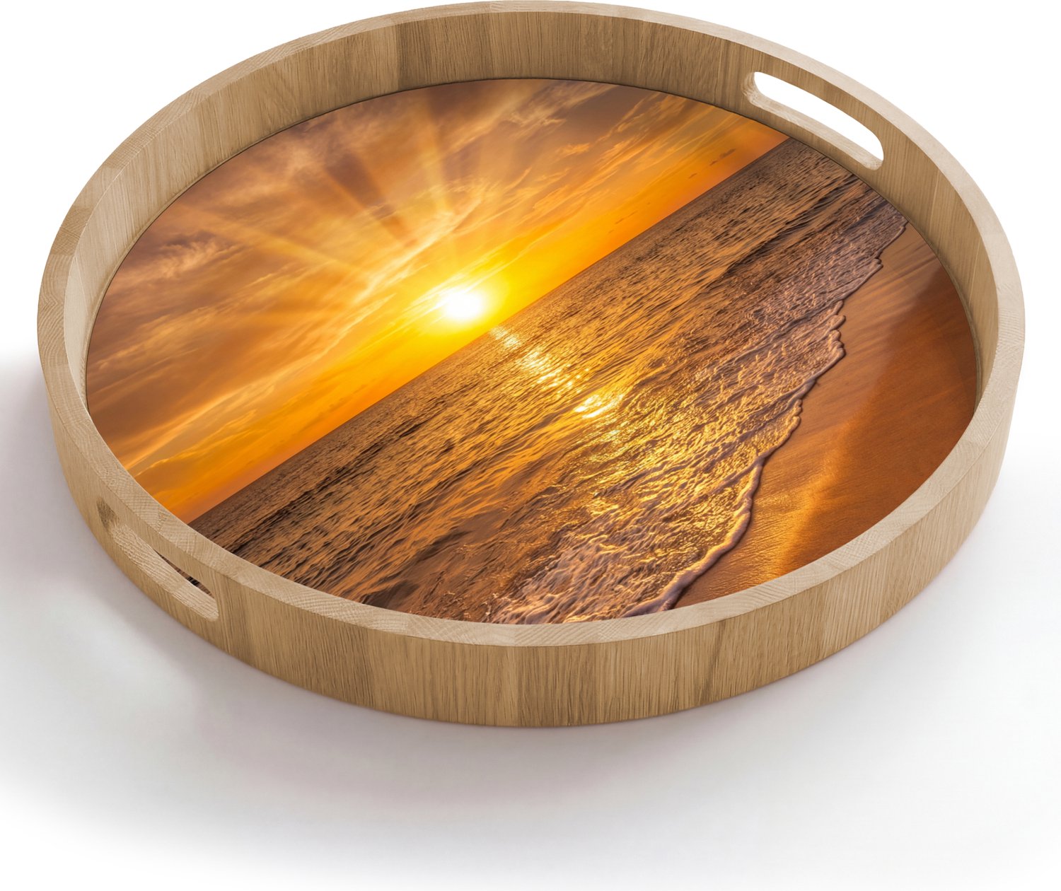 Dienblad rond 50x50 cm - Schootdienblad hout - Zee - Zonsondergang - Golven - Kust - Oranje - Borrelplank rechthoek - Plateau houten dienbladen