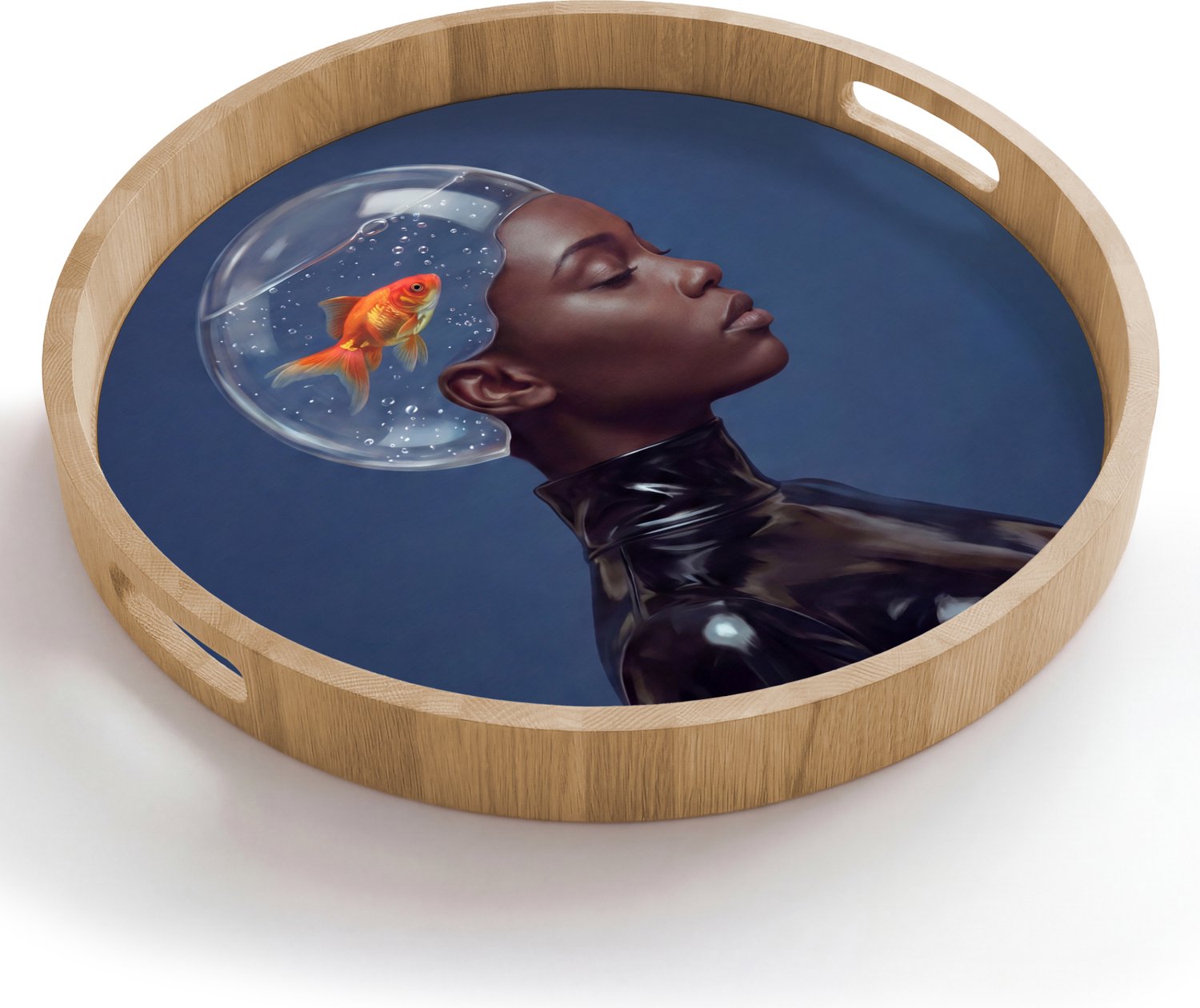 Dienblad rond 50x50 cm - Schootdienblad hout - Vrouw - Goudvis - Hoofd - Abstract - Blauw - Borrelplank rechthoek - Plateau houten dienbladen