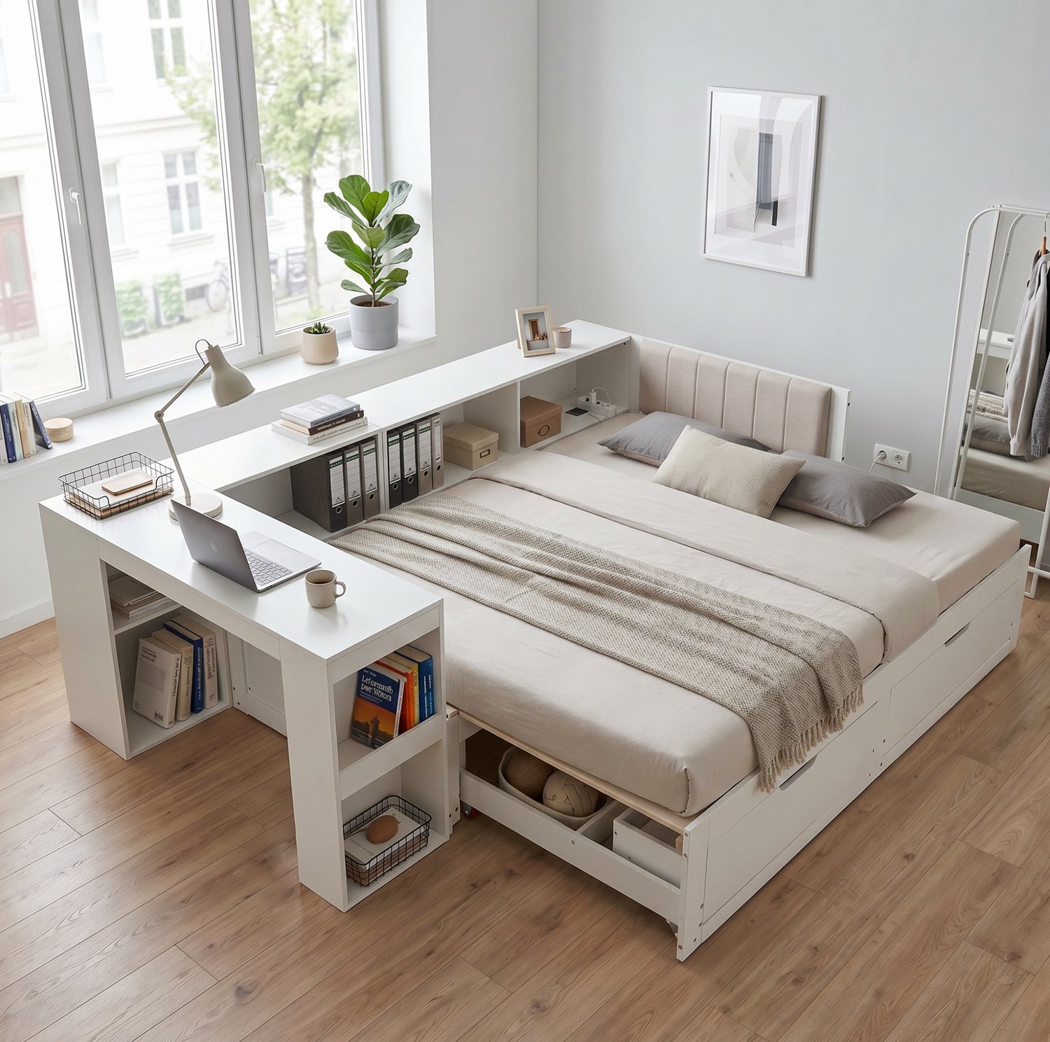OKWISH L-Vormig Bed 180x200 cm - Bed met Bureau en Gestoffeerd Hoofdbord - Met Lades en Open Vakken - Hout en MDF - Zonder Matras - Matwit Mat wit
