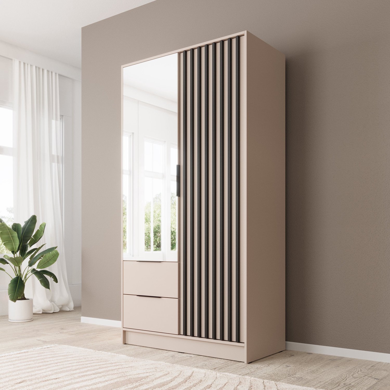 MEUBELLA Kledingkast Nairobi - Beige - Zwart - 105 cm - met spiegel