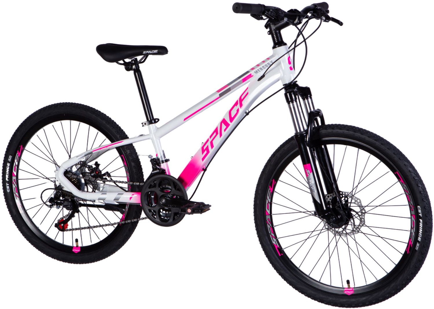 Mercury – Kinderfiets – 24 inch – 21 versnellingen – Schijfremmen – 130-160 cm – Wit/Roze – Meisje