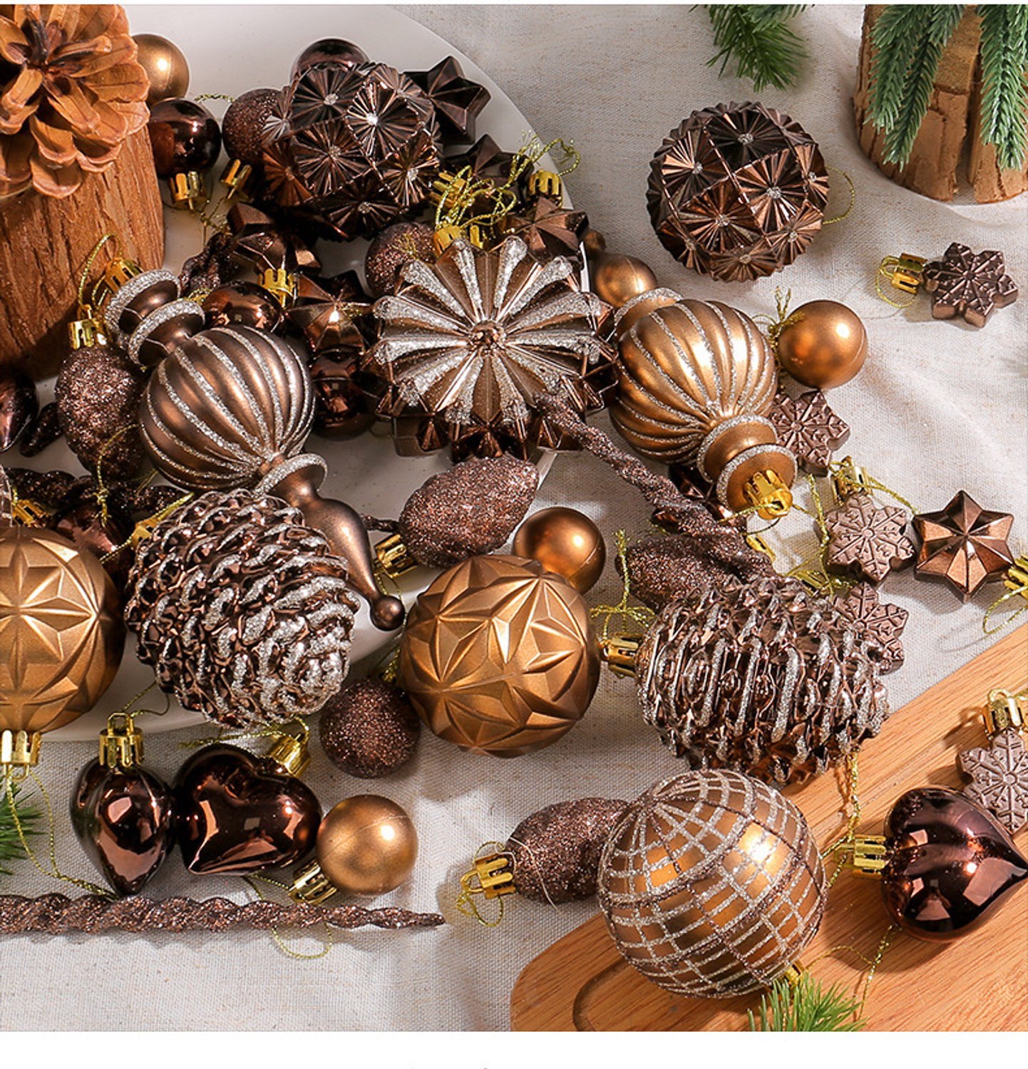 Kerstbal decoratieset 53 stuks- gevarieerde vormen met dennenappels en vormgevallen ballen- handbeschilderde kerstboom hangornamenten- luxe kerstdecoratie voor etalage en binnen – foto 4