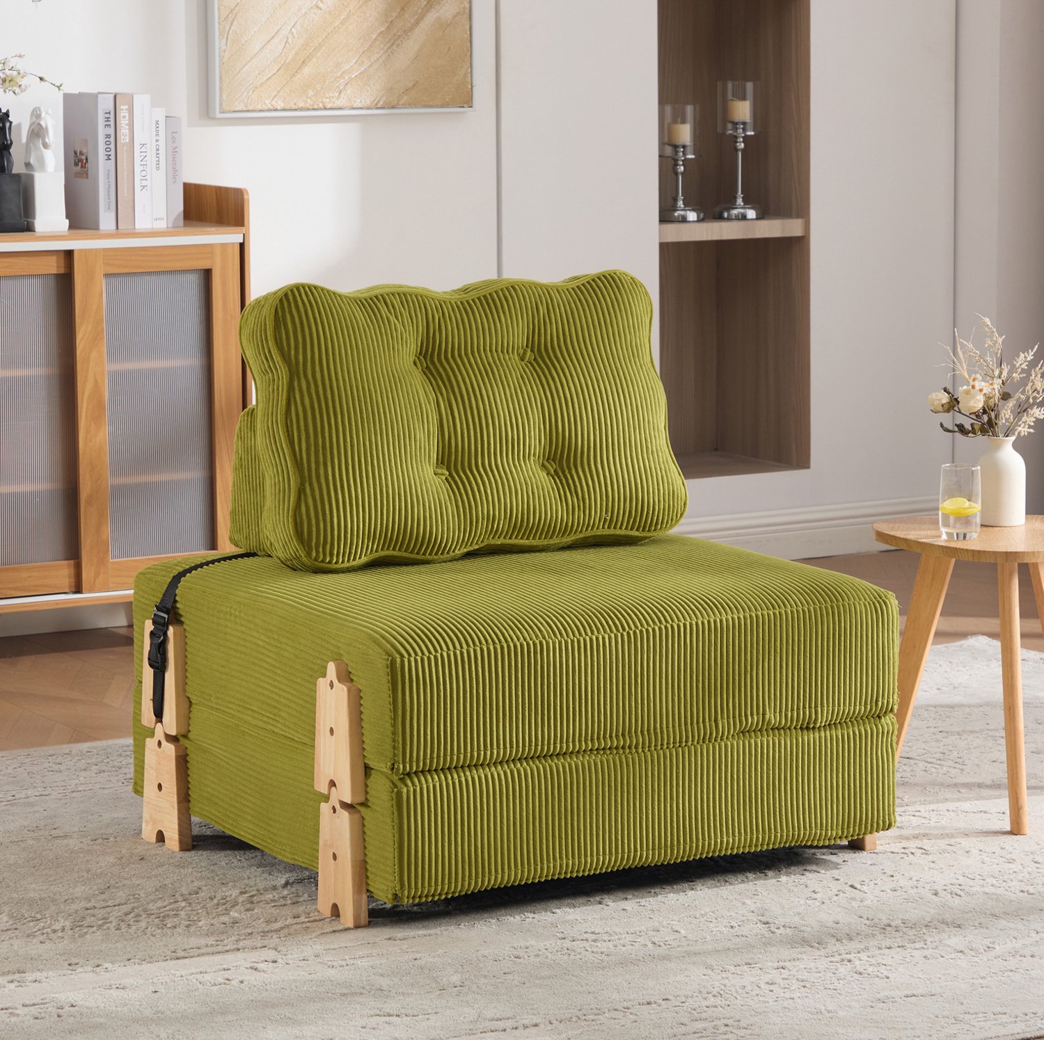 CHICFURN Fauteuil - Uitklapbaar - Houten poten - Olijfgroen