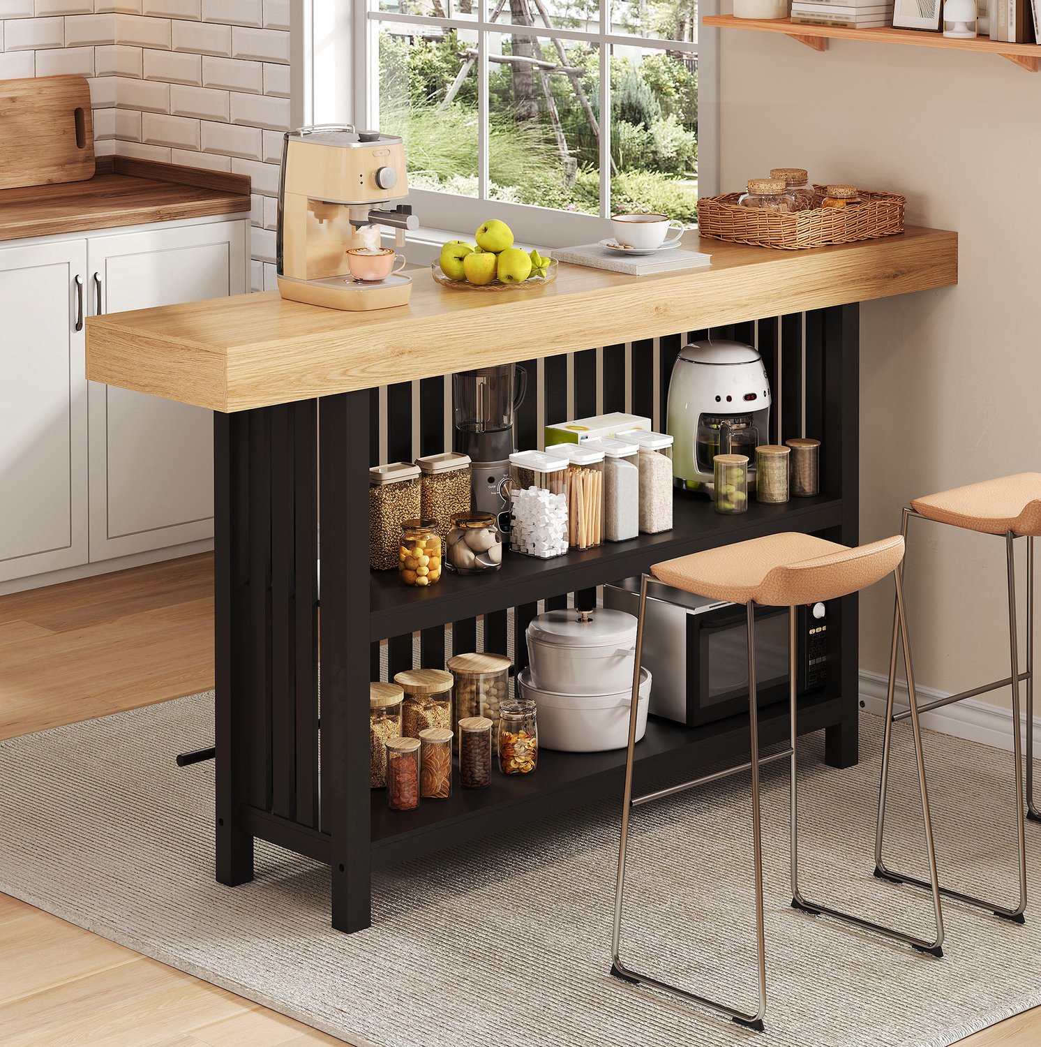 OKWISH Bartafel - Met Voetsteun En Tweelaags Opbergrek - Voor Keuken, Eethoek En Thuisbar - MDF Zwart - 160 x 40 x 105 cm