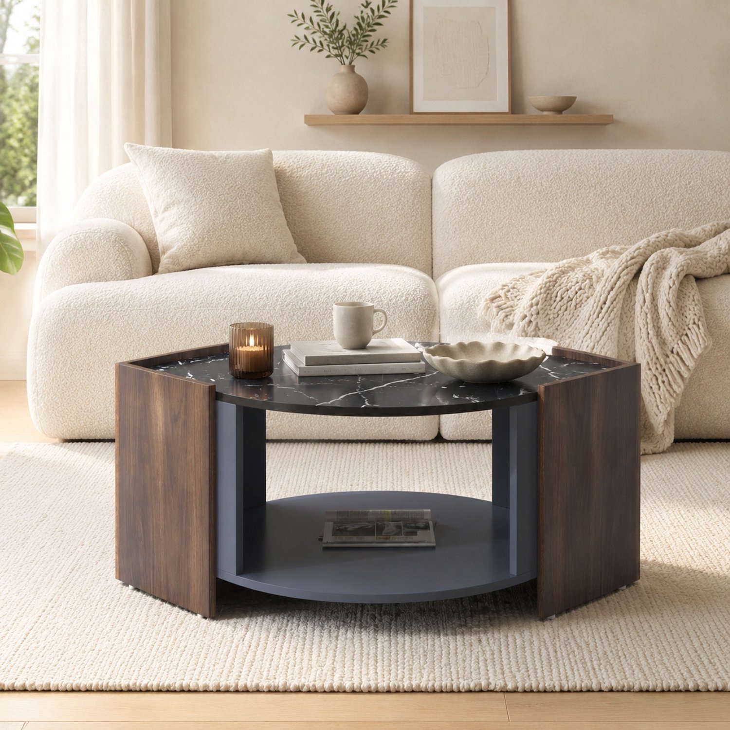 Salontafel 96,5 x 63 x 40 cm met opbergvak, spaanplaat, zwart en hout