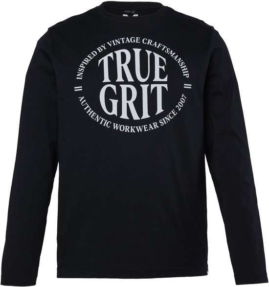 Zwart shirt met lange mouwen en een witte ronde opdruk met de tekst 'TRUE GRIT' en 'AUTHENTIC WORKWEAR SINCE 2007'.