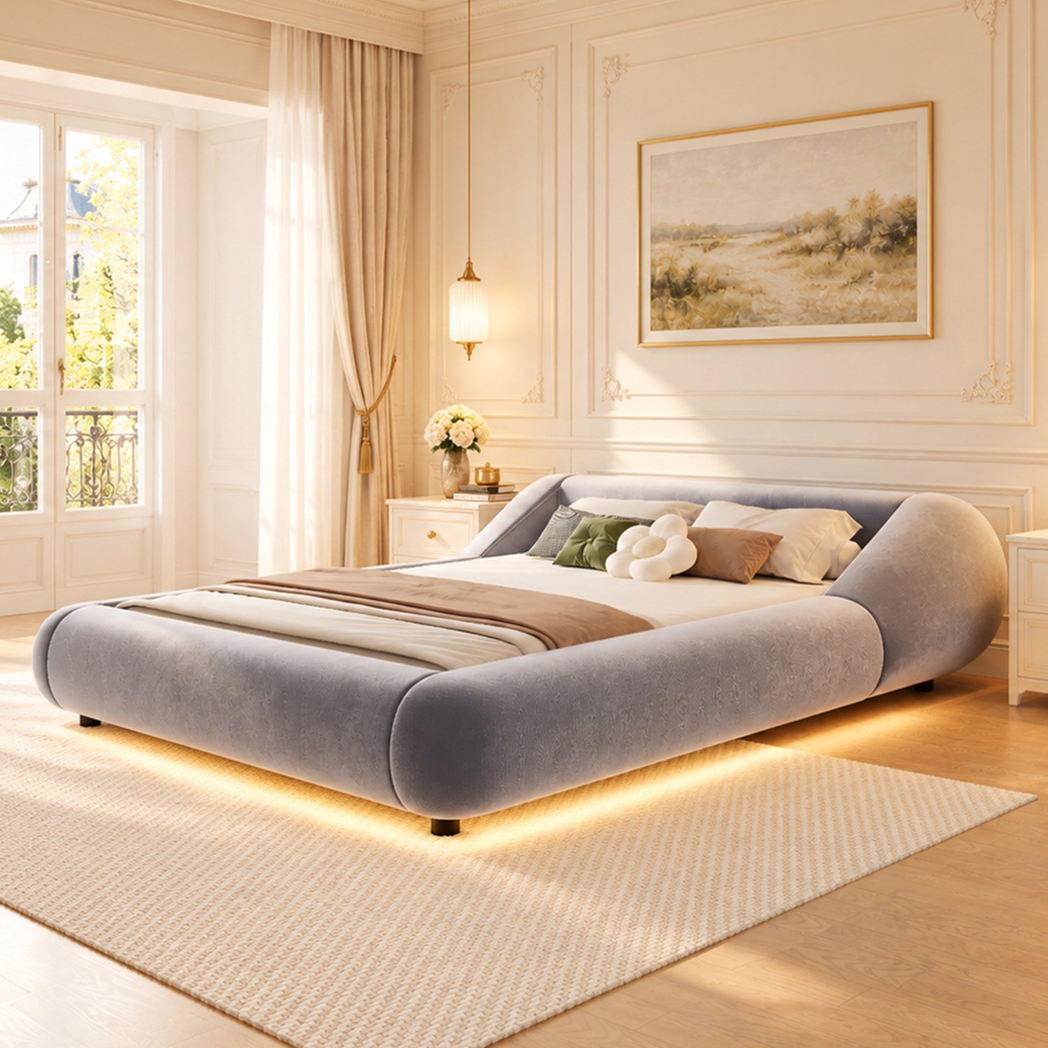 Zubaliya Gestoffeerd bed - 140 x 200 cm - Grijs - Zwevende uitstraling en LED