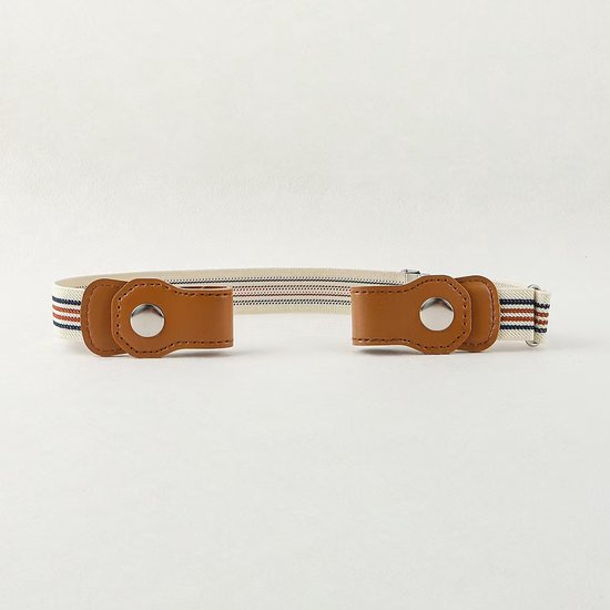 Beige elastische riem met rode en blauwe strepen en bruine kunstleren drukknopen.