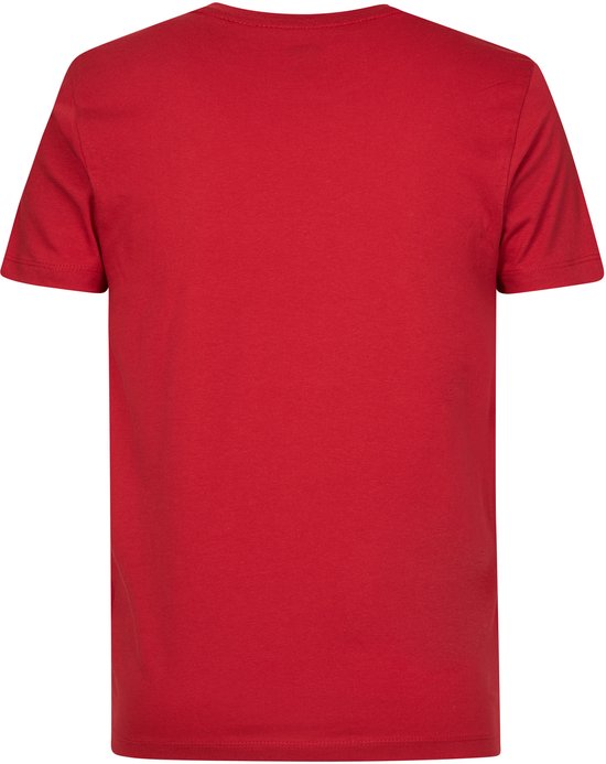 Rood T-shirt met ronde hals en korte mouwen, achterkant.