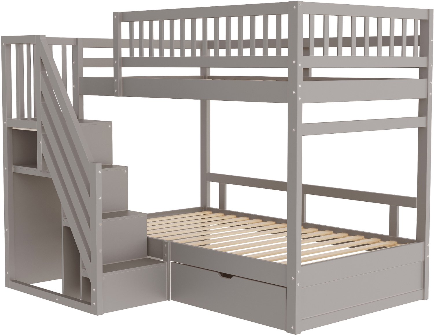 Grijs Houten Stapelbed 90x200 cm - Met Opbergtrap En Opberglades - Grenenhout, Multiplex En MDF - Hoge Uitvalbeveiliging En Lattenbodems