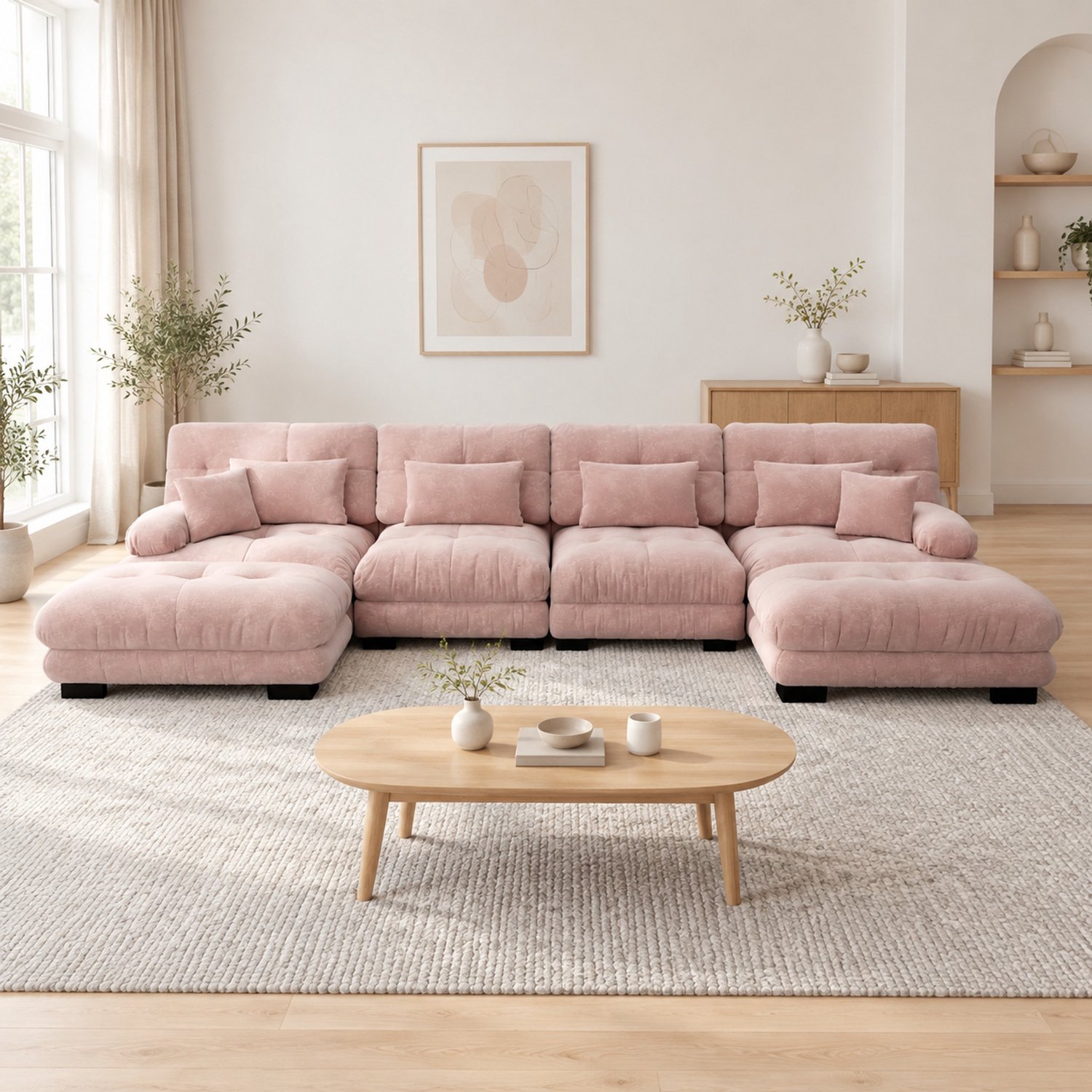 WUVRIE Modulaire U-bank 406x145 cm - 4-zits met verplaatsbare ottomans - Chenille - Roze