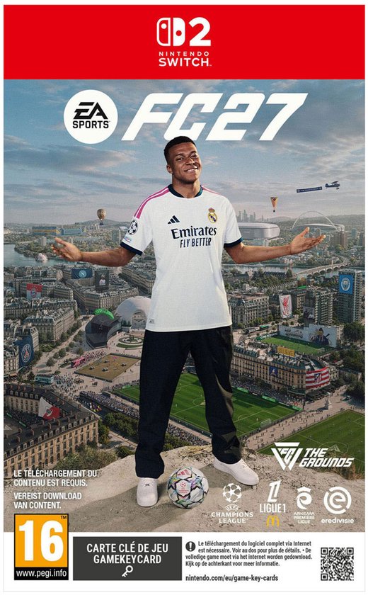 Cover van EA SPORTS FC 27 voor Nintendo Switch met voetballer Kylian Mbappé boven een voetbalstadion in Parijs.