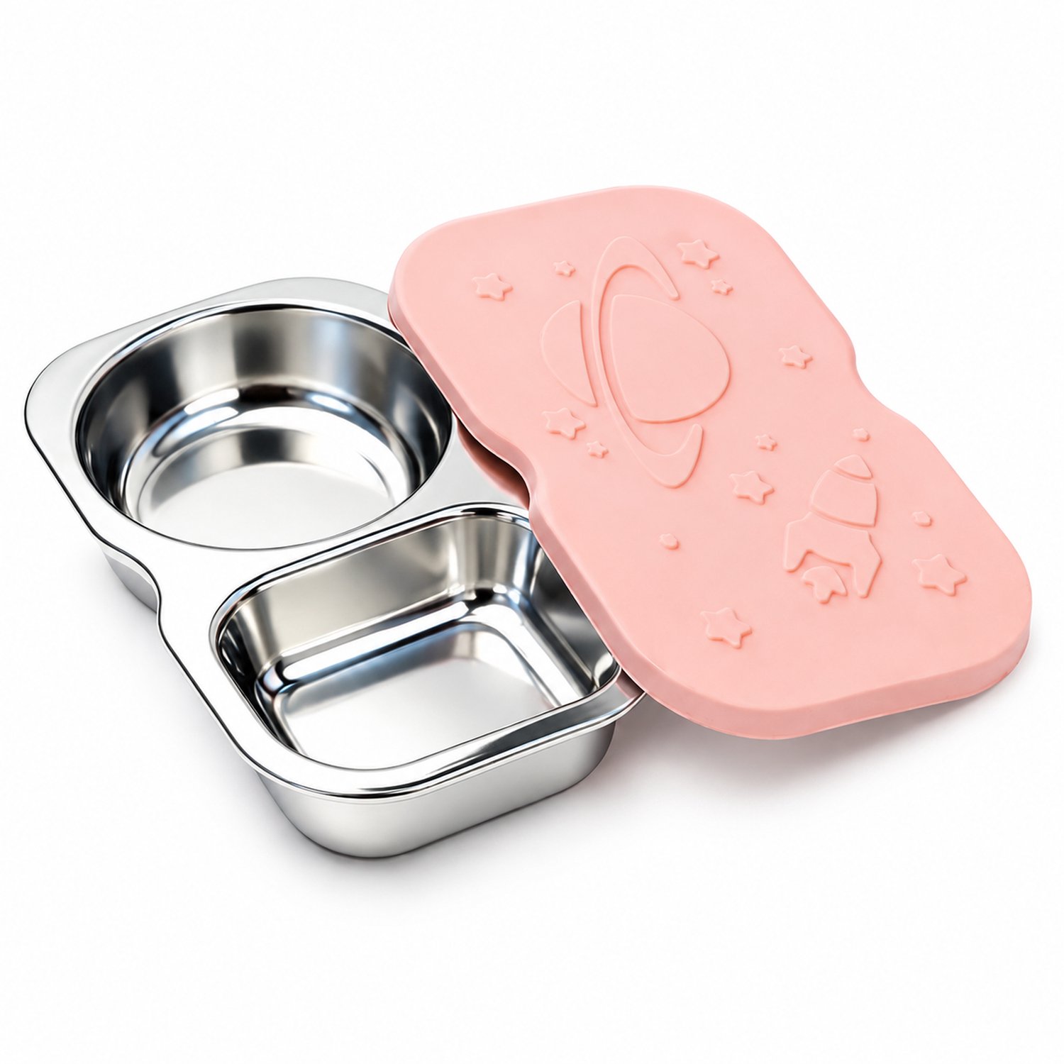 Sausbakje met twee vakken van 304 roestvrij staal met lichtroze deksel 150 ml set voor picknick