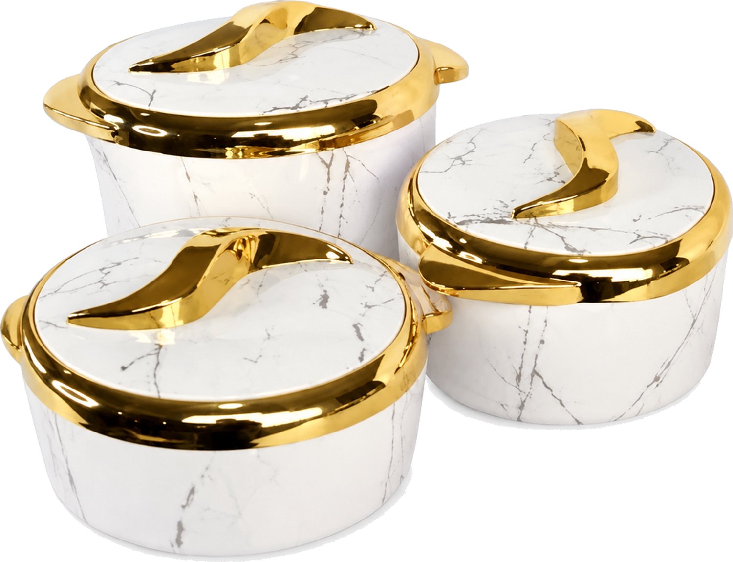 Set van 3 ronde broodtrommels met deksel, 1,5, 2 en 2,5 l, wit met marmerlook en goudkleurige details