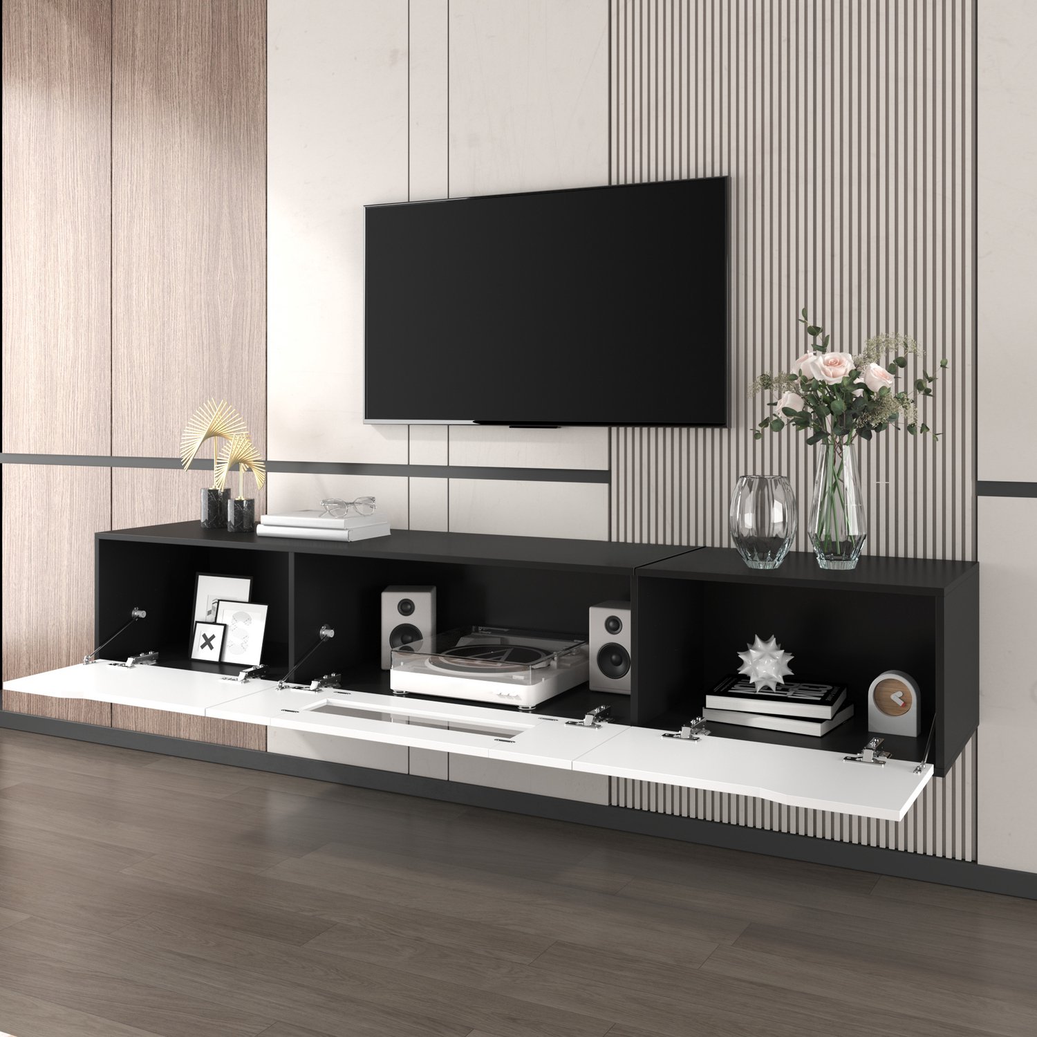 Maisentiel TV-meubel 180 cm met LED-verlichting, USB, hoogglans zwart/wit
