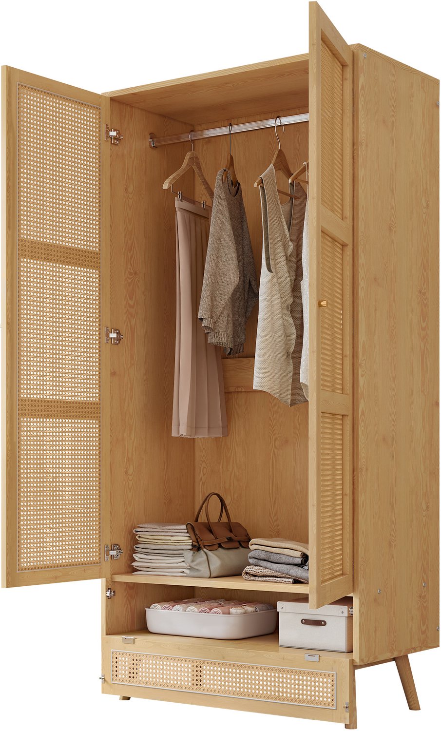 Tweedeurs kledingkast met kledingroede - 90 x 45 x 183 cm - Met opbergklep onderaan - Naturel spaanplaat en PE-rotan voor de slaapkamer