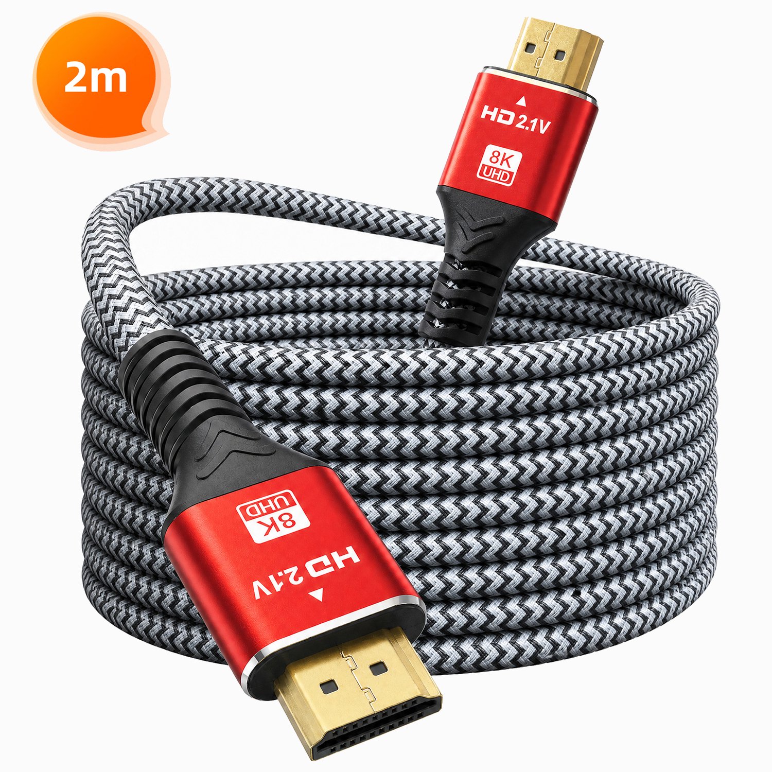 Rayofi HDMI 2.1 Kabel - HDMI naar HDMI Kabel - 8K Ultra HD - 4K 120 Hz - Nylon HDMI kabel - Geschikt voor gameconsoles - 2 Meter- Zwart + Rood