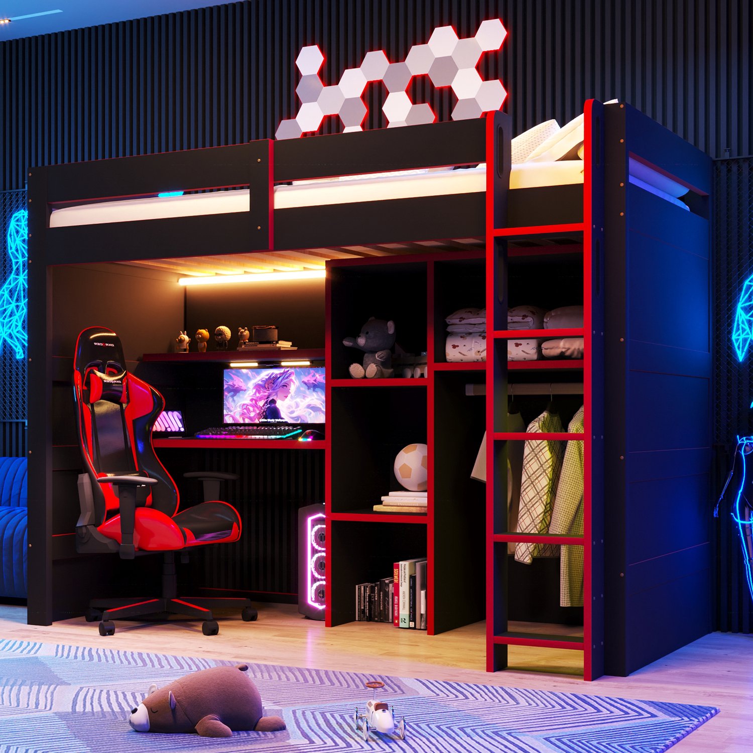 Zubaliya Kinderbed, Eenpersoonsbed, 90x200cm Gaming houten hoogslaper met bureau, kledingkast, meerlaagse opbergruimte, LED-verlichting, USB-laadaansluiting, zwart + rood Zwart+Rood