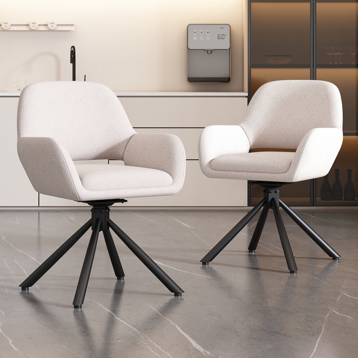 MUVANO Draaibare eetkamerstoel wit - Sherpa eetkamerstoelen set van 2 - Stoel met armleuning - Teddy stof - 150kg - Draaibaar - Eetkamer Wit