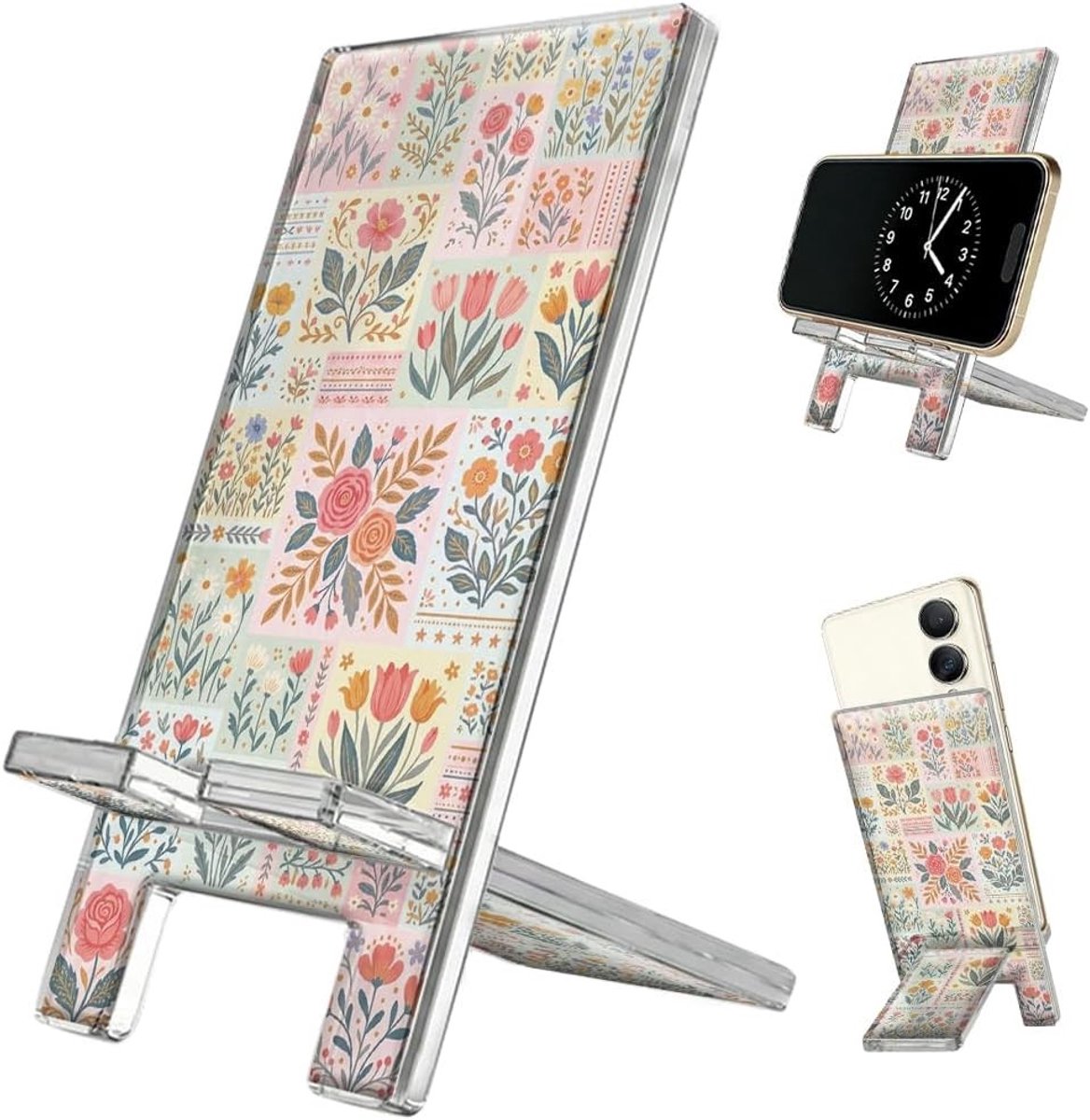 Aesthetic Acryl Telefoonstandaard 5.5 x 2.7 Inch Bloem Patchwork Ontwerp voor Smartphones, Tablets en Bureaugebruik
