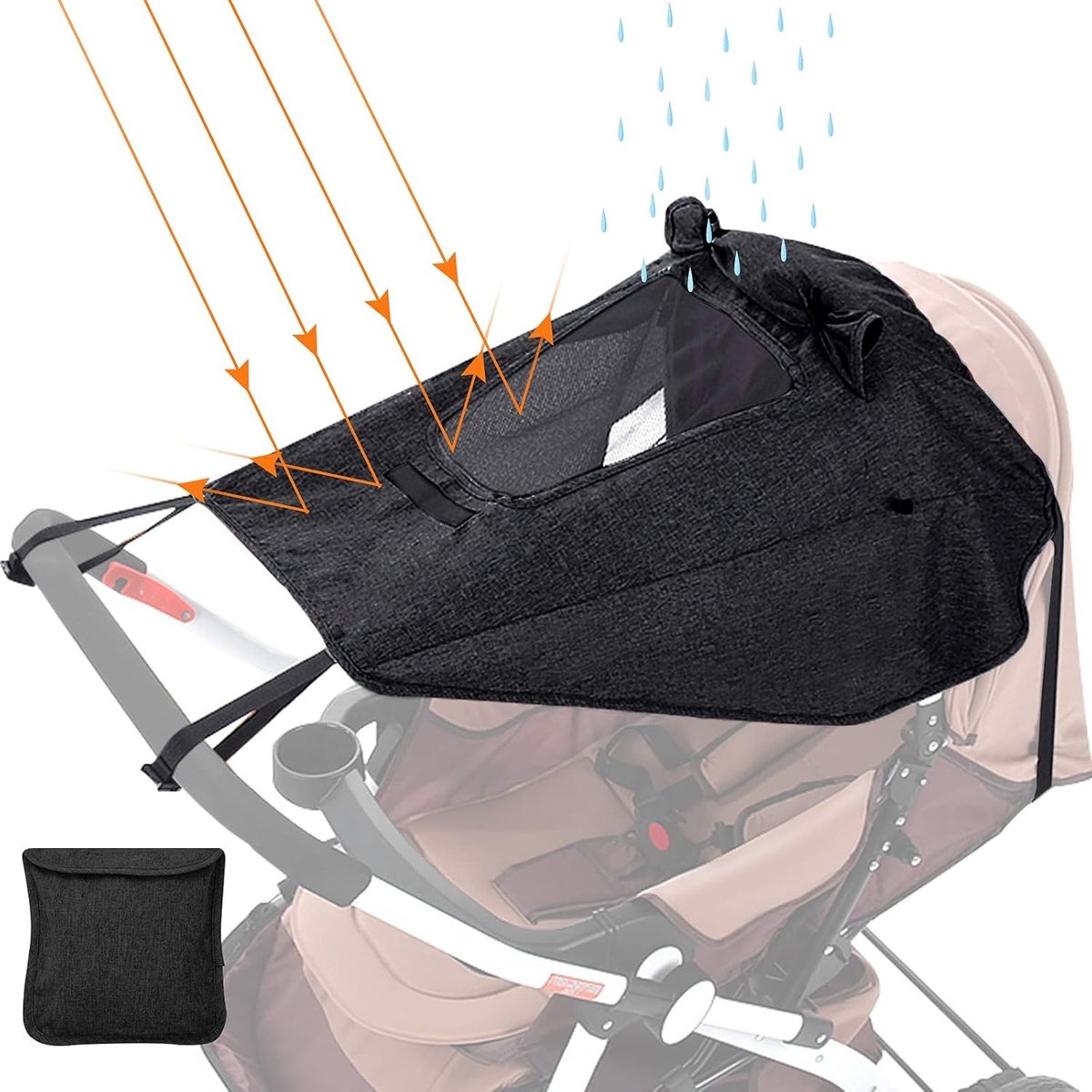 Universele Zonnebescherming voor Kinderwagen, Buggy en Wandelwagen - Waterdichte Zonnekap met UV Bescherming 50+ en Kijkvenster, Zwart