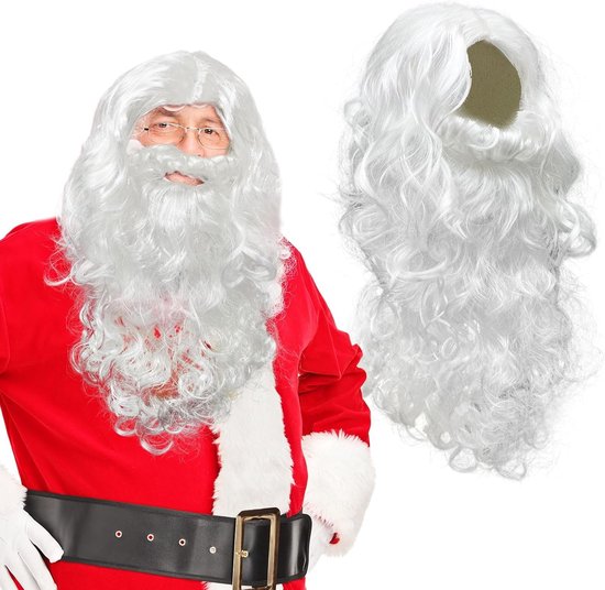 Ensemble perruque et barbe de Père Noël avec de longs cheveux blancs bouclés.
