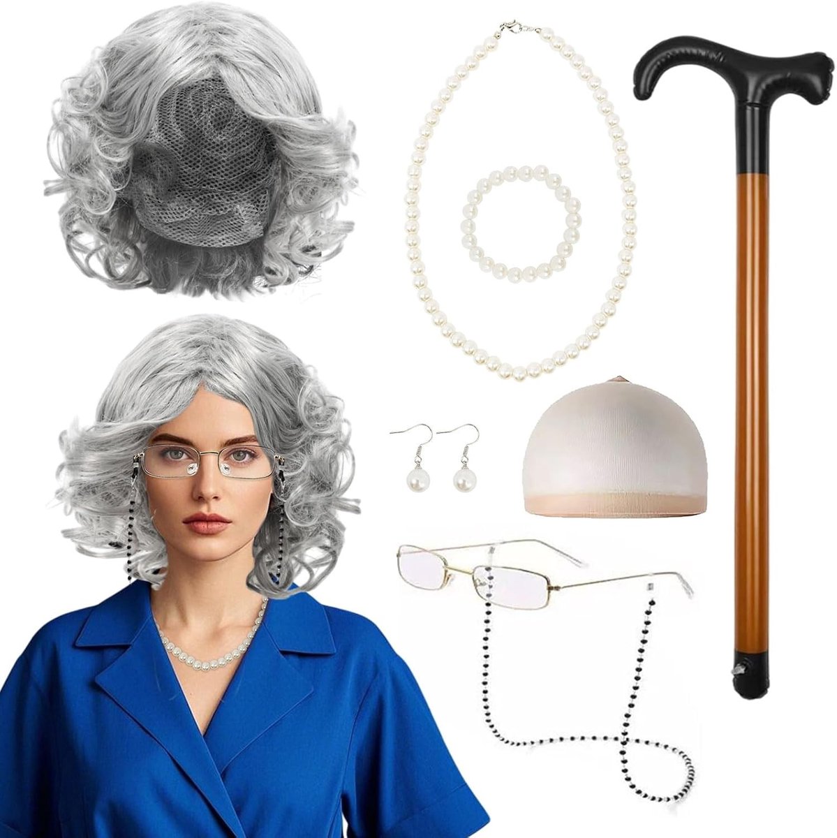 Grijze Grootmoeder Kostuum Set met Perlenketting, Oorbellen, Bril en Pruik voor Vrouwen