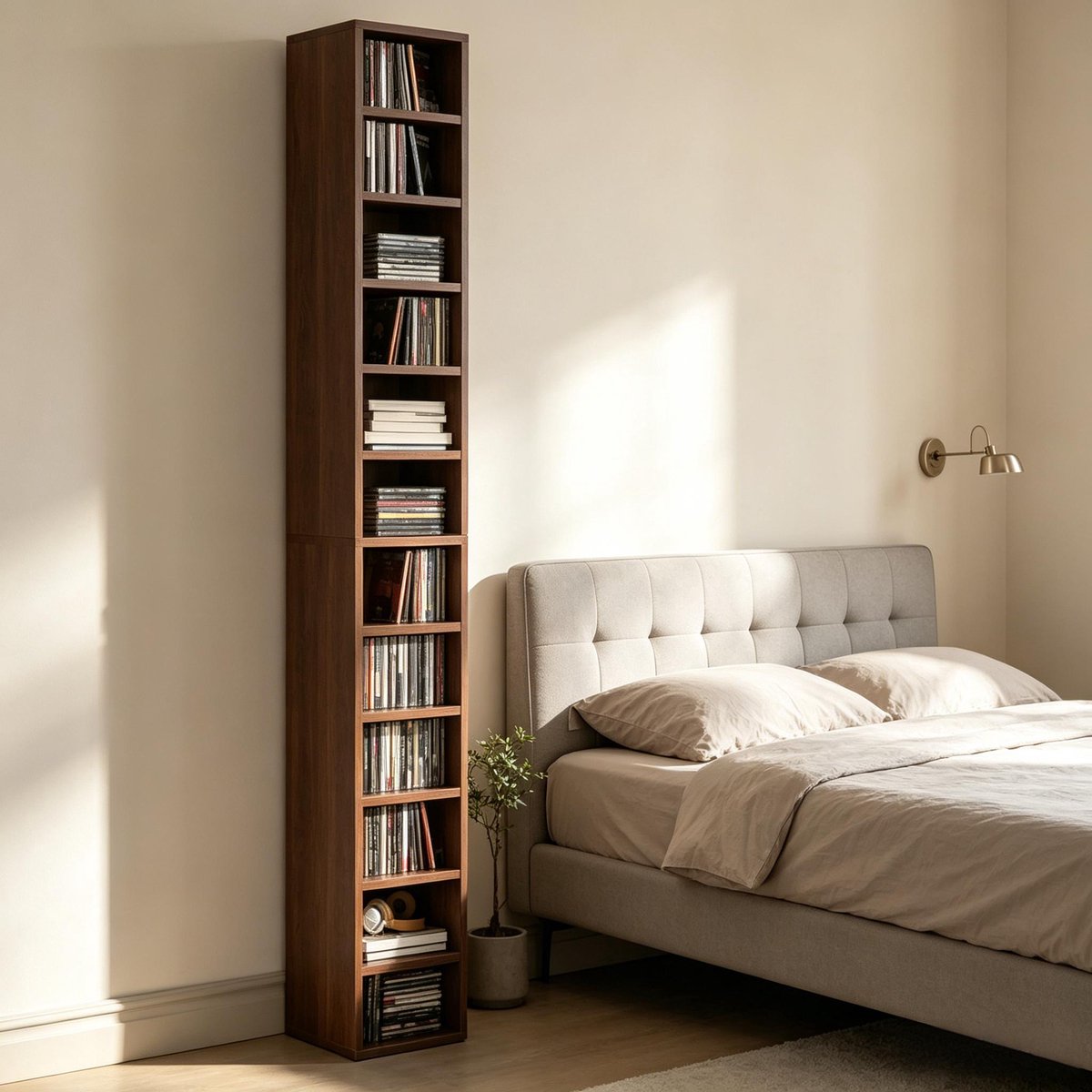 REDOM - CD-opslagkast - Hoge smalle opslagtoren - 12 open vakken - Geschikt voor 204 cd's en dvd's - MDF en spaanplaat - Bruin - 21 x 20 x 175 cm