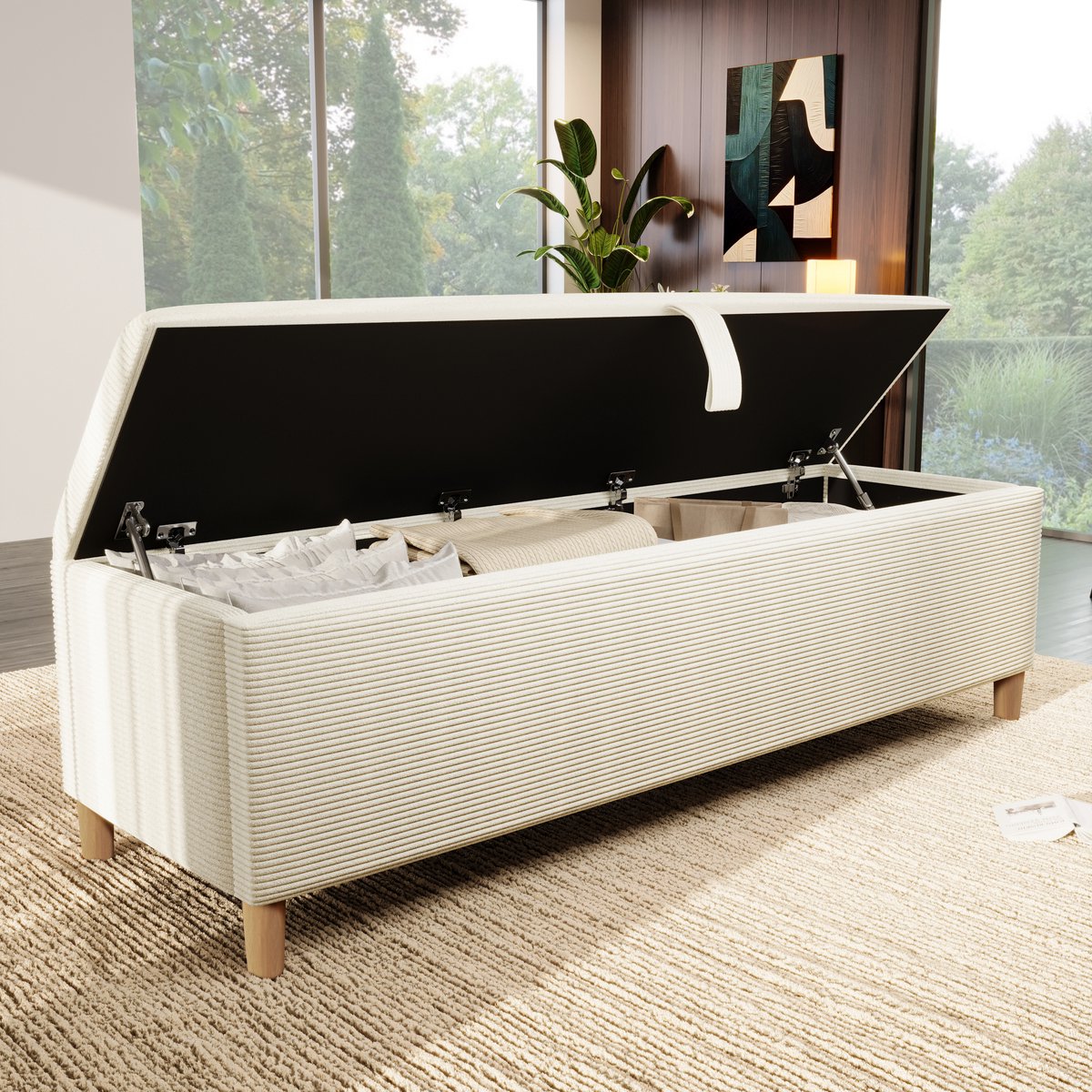 MODFU - Hocker - Opbergruimte - Beige Corduroy - Houten Poten - 145 x 38 x 46 Cm