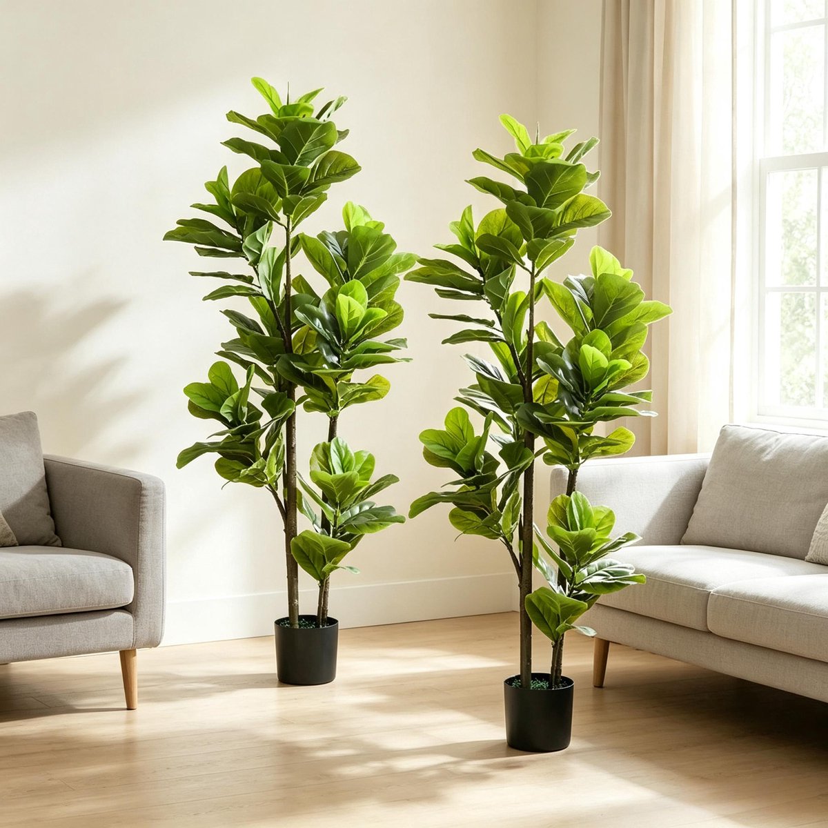 Kunstplant Ficus – Set Van 2 – 150 Cm – PEVA, PP En Metaal – Groen – Voor Binnen – Met Cementen Pot