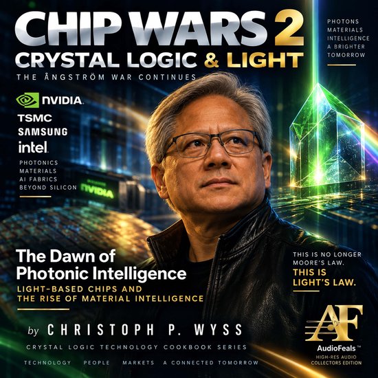 Boekomslag met Jensen Huang, NVIDIA, TSMC, Intel en Samsung logo's. Titel: Chip Wars 2 Crystal Logic & Light. Tekst: The Dawn of Photonic Intelligence. Dit is Light's Law.