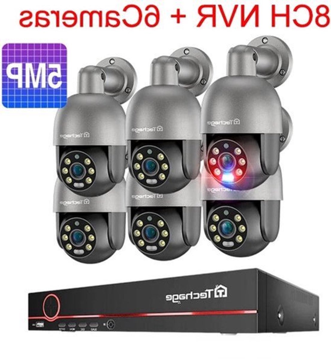 Beveiligingscamera Set – CCTV Camera Systeem – IP Camera – Bewakingscamera – PTZ Camera – 8 Kanaals 4K NVR – AI Bewegingsdetectie – Tweerichtingsaudio – 1TB HDD – 6x 5MP Camera’s – IP66 Waterdicht