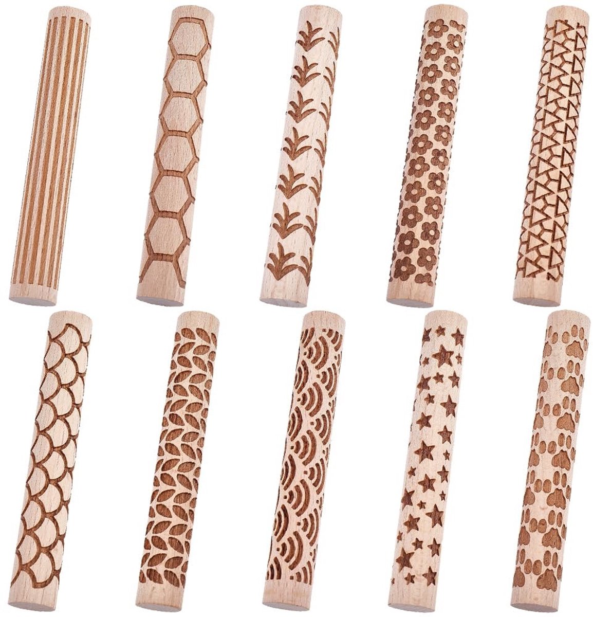 Elzusha - Set van 10 Houten Rollen voor Kleistructuur met 6 Stijlen