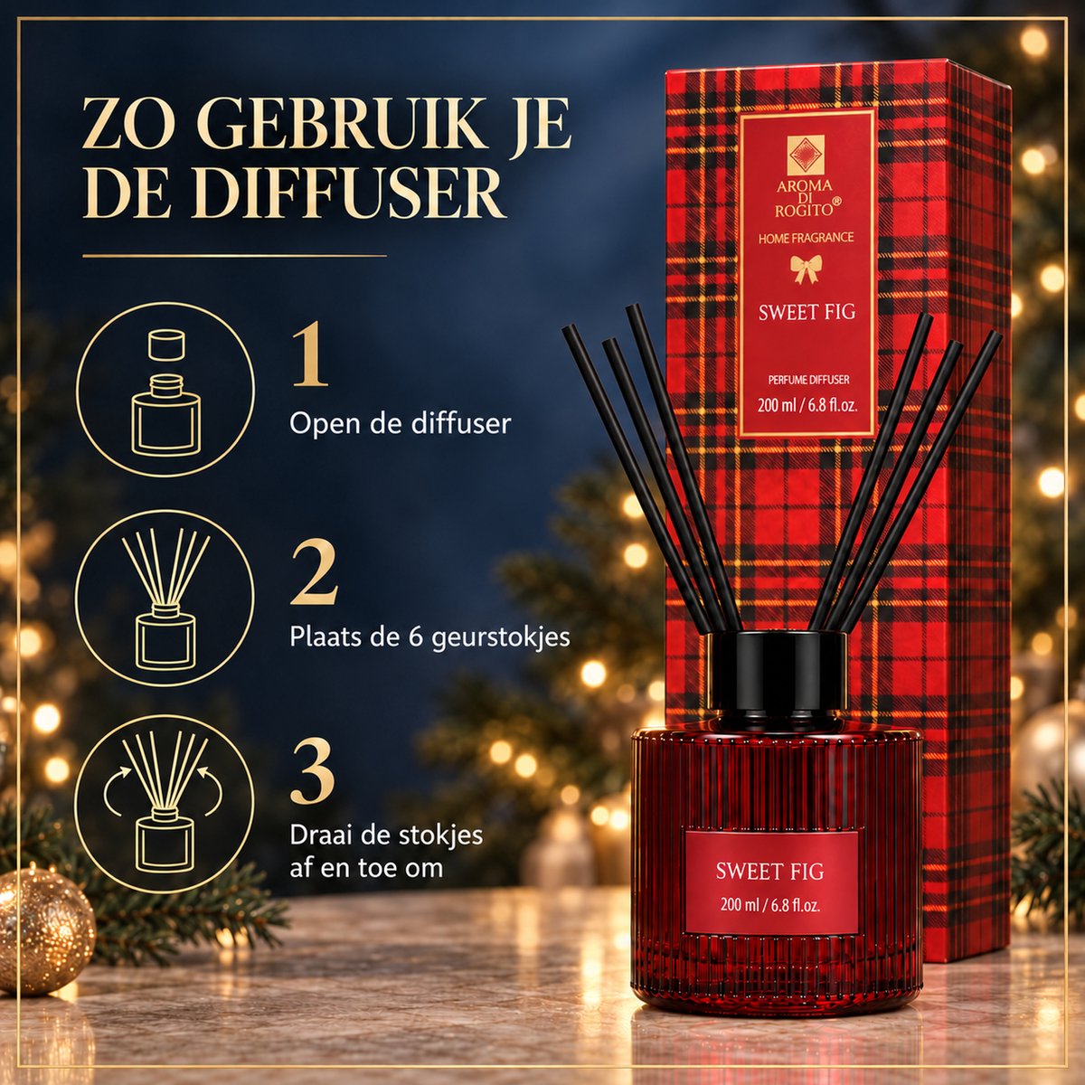 EasyMart Geurstokjes Set 3-Delig - Huisparfum & Geurverspreider - Premium Diffuser Set - 3x 200ml met Rotan Stokjes - Rose, Nectarine & Sweet Fig - Luxe Interieur Geur voor Woonkamer, Badkamer & Toilet — cadeau in Wonen & Interieur - foto 6